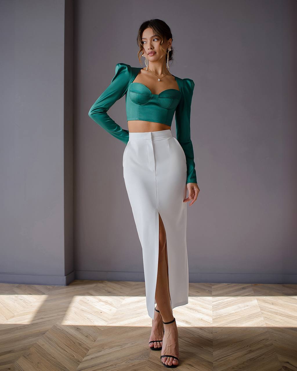 Women Satin Crop Blouse Top with Puff Sleeves