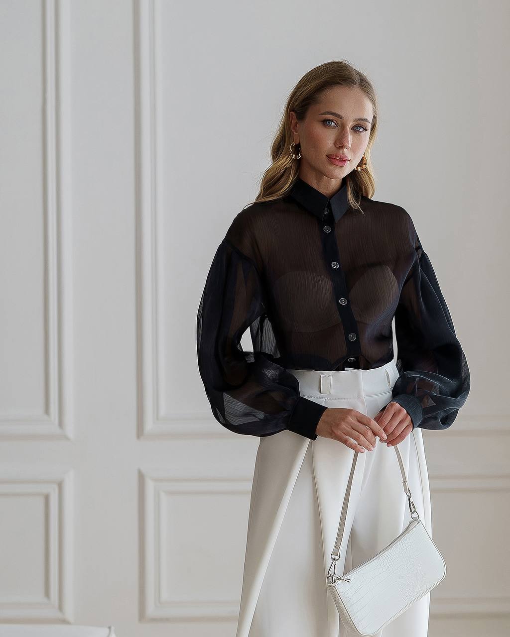 Elegant Women's Sheer Organza Blouse with Pleated Black and Smooth Milk Bases