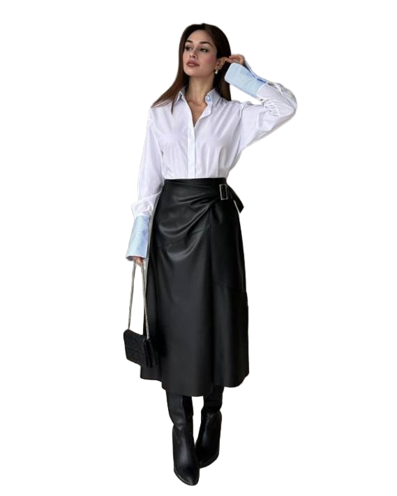 Black Eco Leather Belted Wrap Midi Skirt