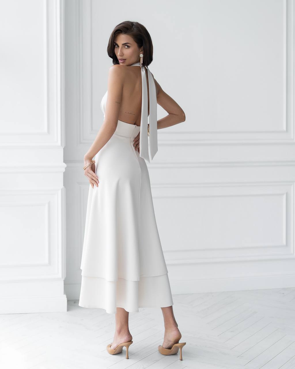 Elegant White Halter Neck Premium Crepe Dress for Women