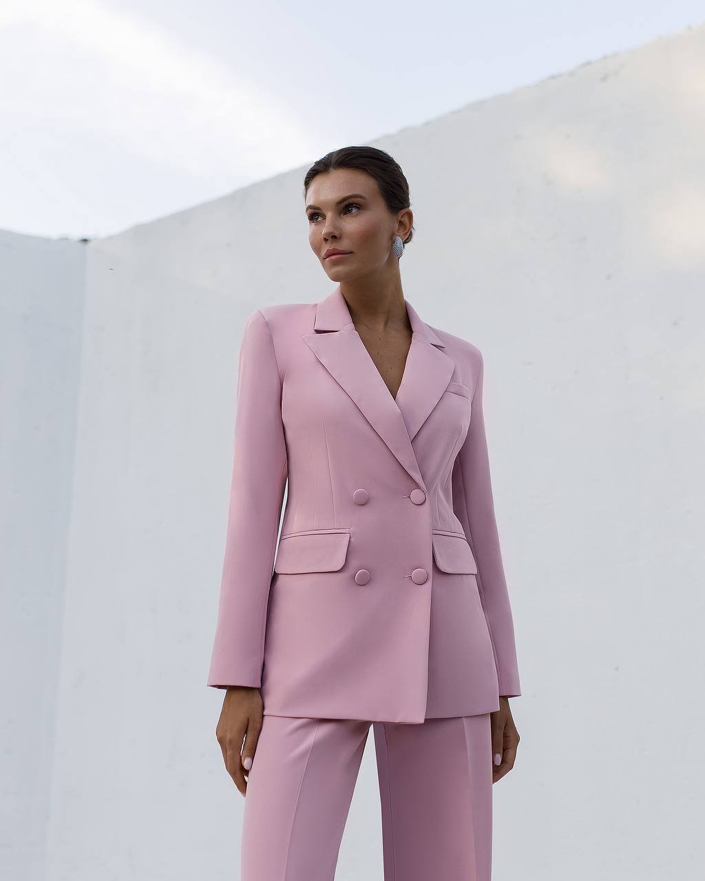 Pink Prom Bridal Wedding Cocktail Graduation Three Piece Womens Suit Jacket Top Trousers Elegant Business Outfit Pantsuit Palazzo Pants