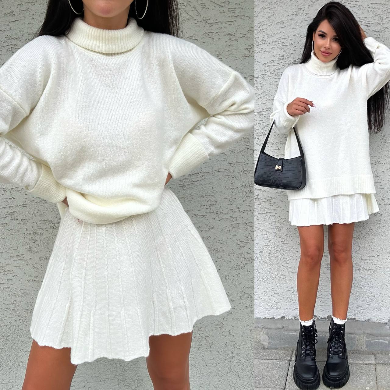 Two images of a person wearing a white sweater and skirt with black boots against a gray and white background.