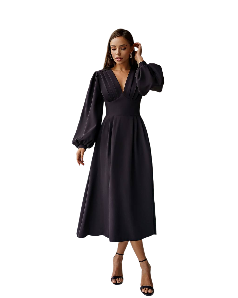 Elegant Black Midi Dress with Puff Sleeves and V-Neck