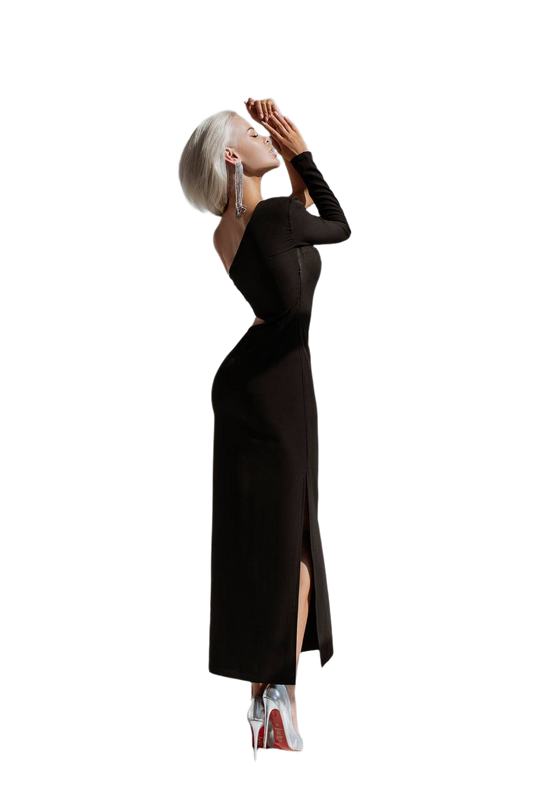 Woman wearing a black dress with a high slit on a white background