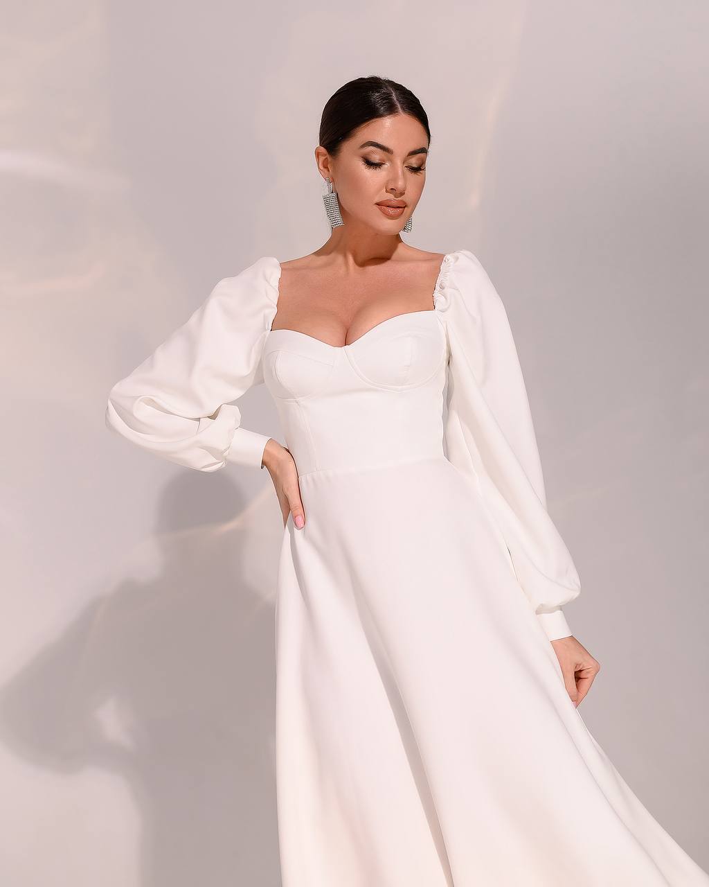 White Midi Dress with Cups and Long Puff Sleeves for Women