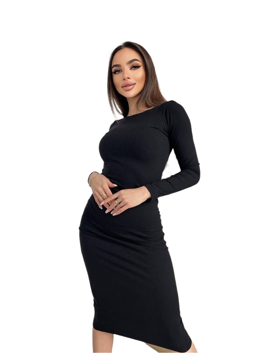 Woman wearing a black dress on a white background