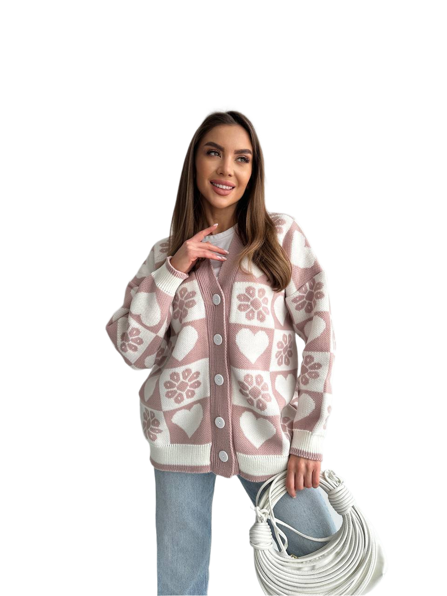 Cozy Knit Cardigan for Women with Floral and Heart Pattern