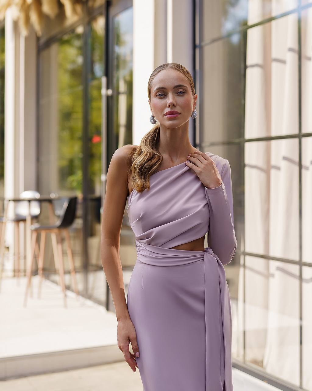 Asymmetric One Sleeve Midi Dress in Light Beige Satin