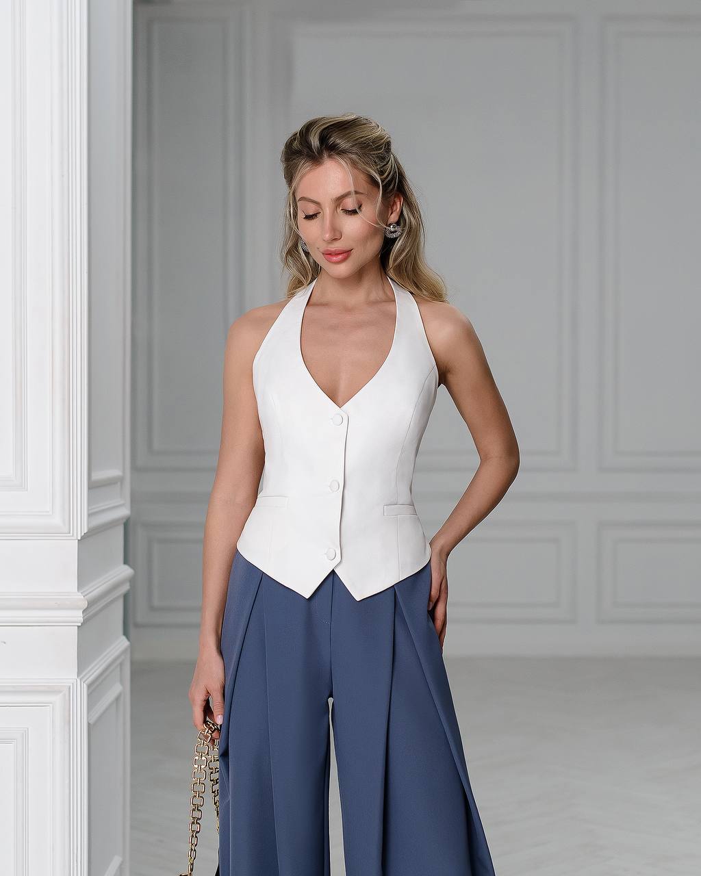 Womens Premium Diagonal Suiting Crepe Vest Halter Neck Button Front