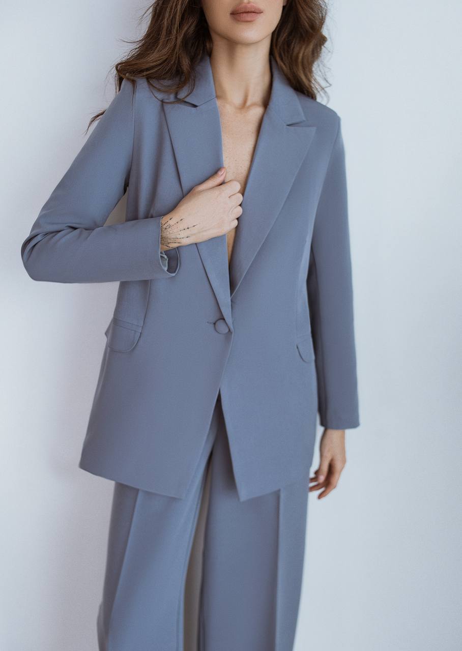 Gray Palazzo Suit Women Diagonal Crepe Tailored Blazer and Wide Leg Trousers