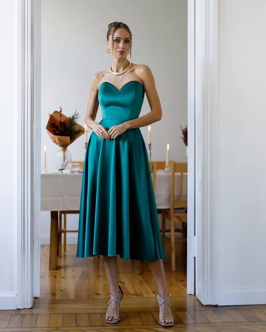 Elegant Royal Satin Dress with Corset and Skirt