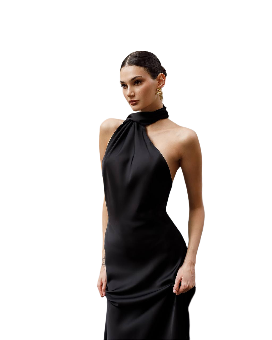 Elegant Black Maxi Dress in Dense Satin Fabric