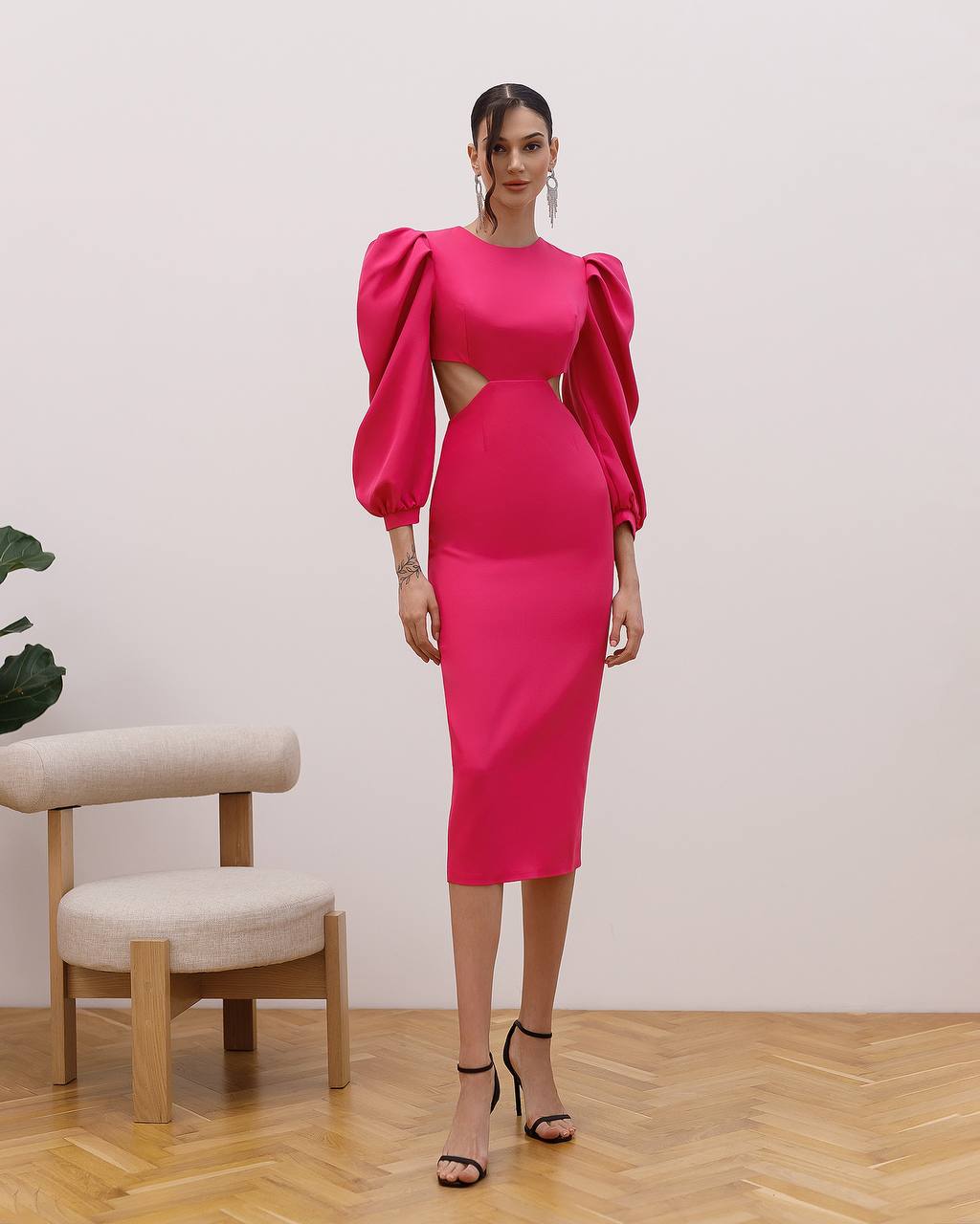 Elegant Midi Dress For Women In Premium Suit Diagonal Fabric