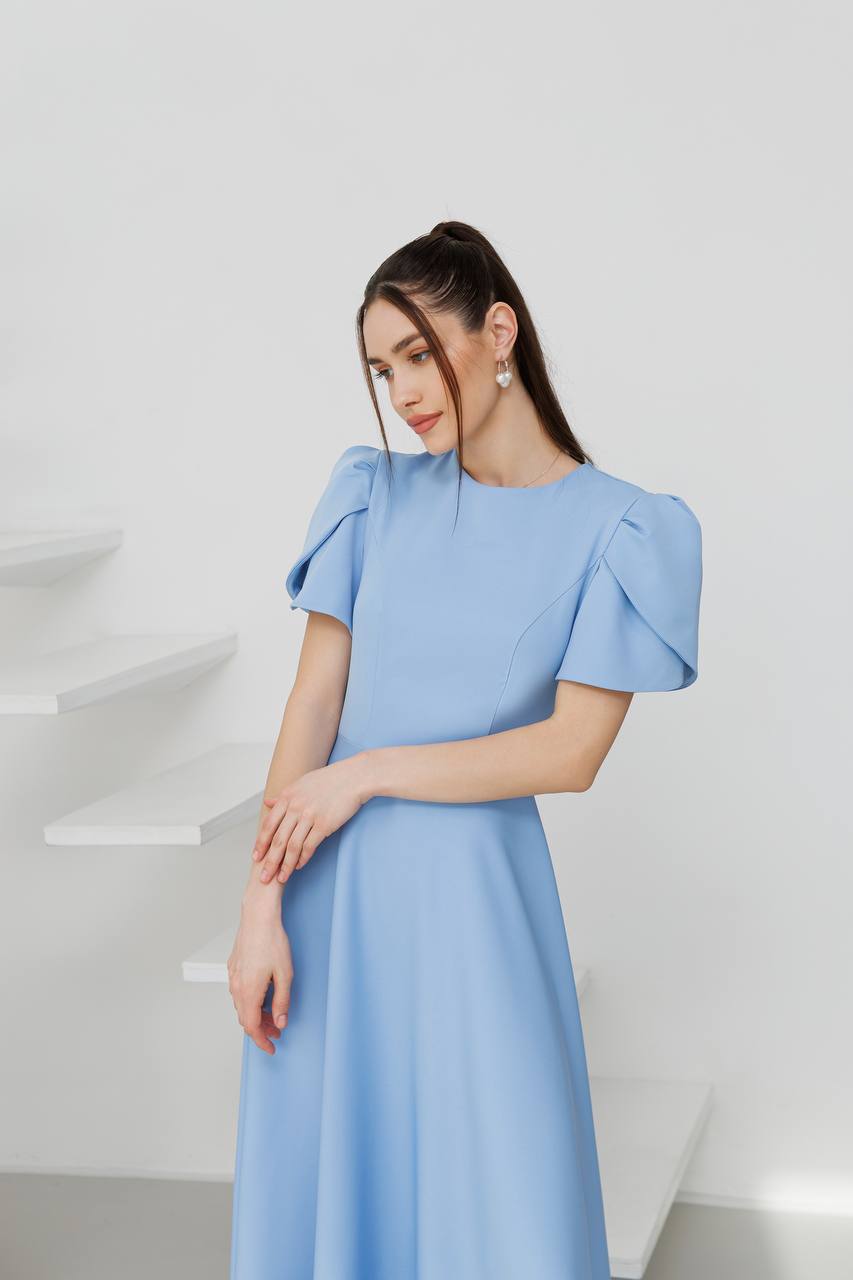 Elegant Diagonal Crepe Long Dress with Puff Sleeves for Women