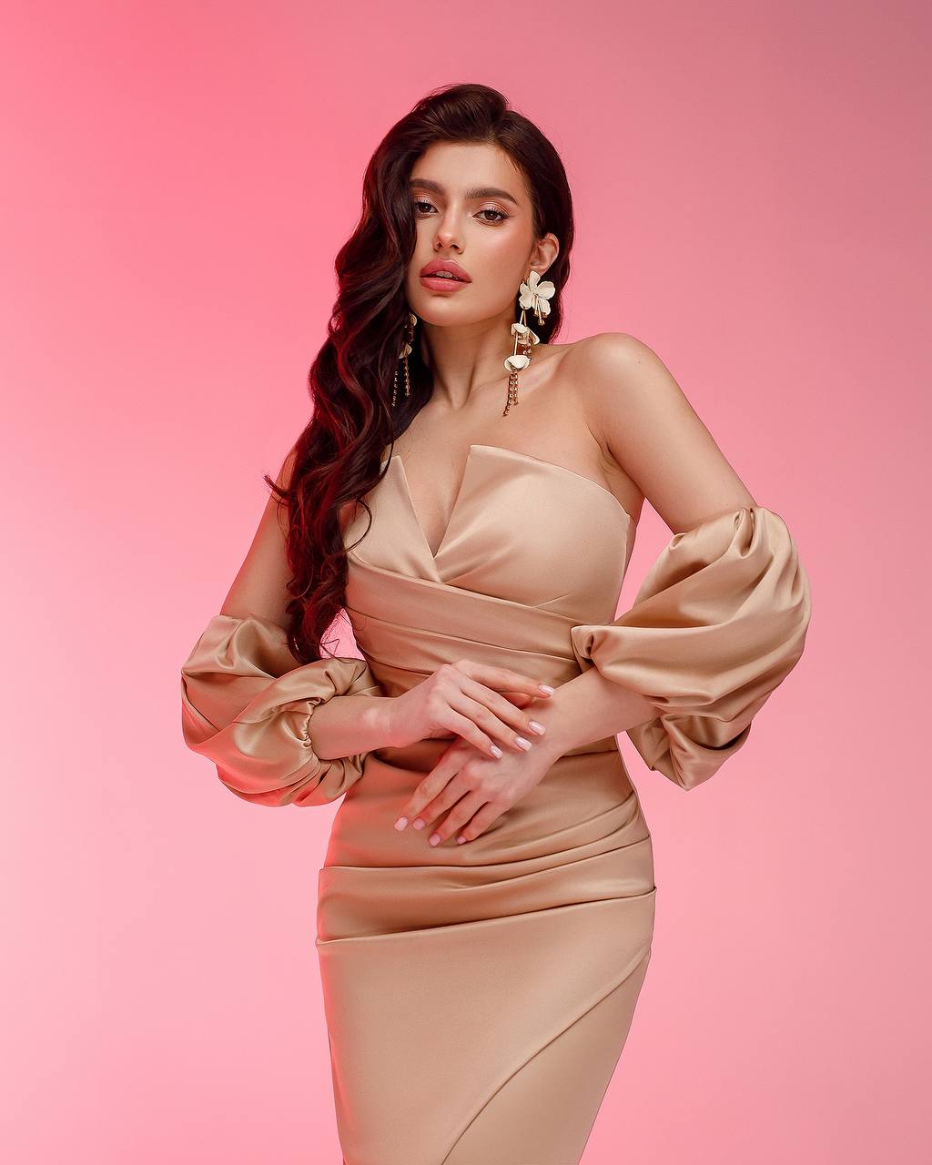 Elegant Royal Satin Midi Dress for Women with Puff Sleeves and Front Slit