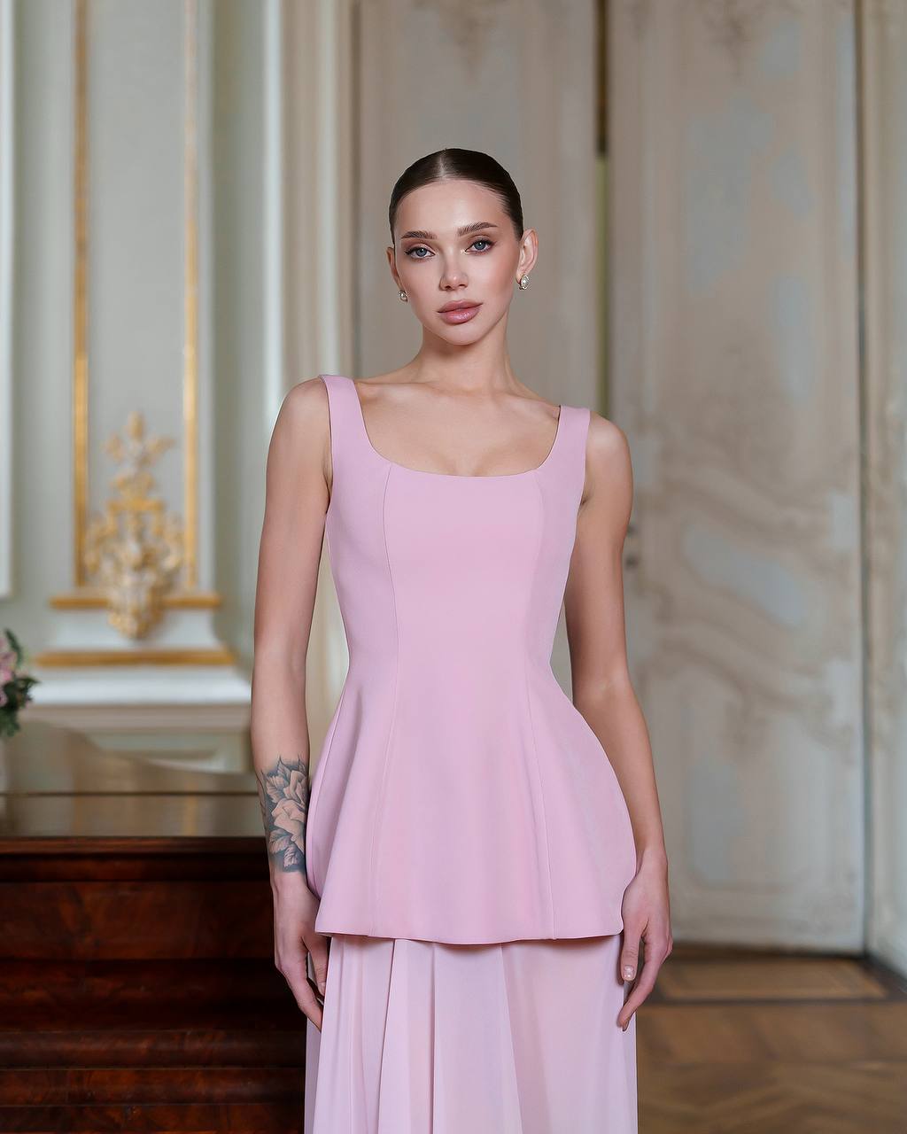 Elegant Corset Dress Set with Cape in Premium Crepe and Chiffon