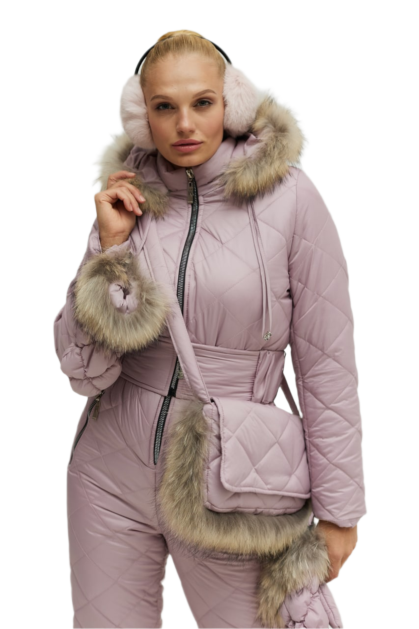 Person wearing a pink winter outfit with fur accents on a white background
