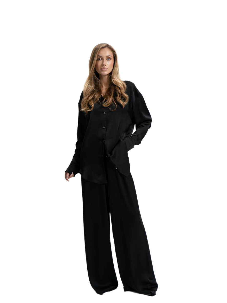 Womens Satin Suit Trousers and Shirt Set Black