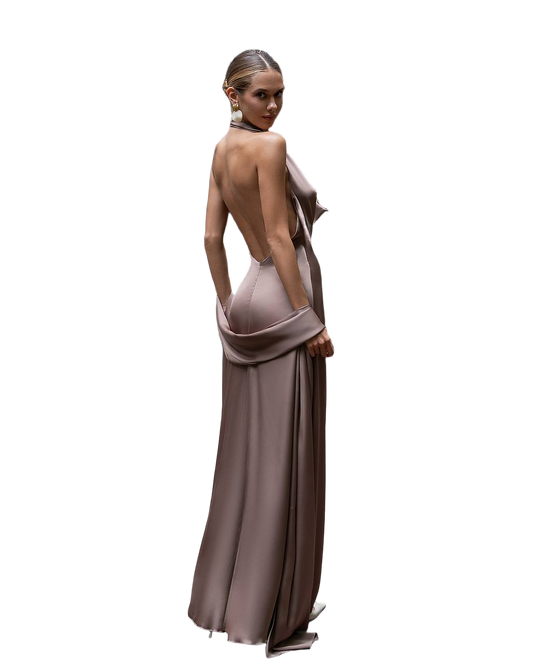 Mocha Satin Backless Halter Gown Scarf Detail
