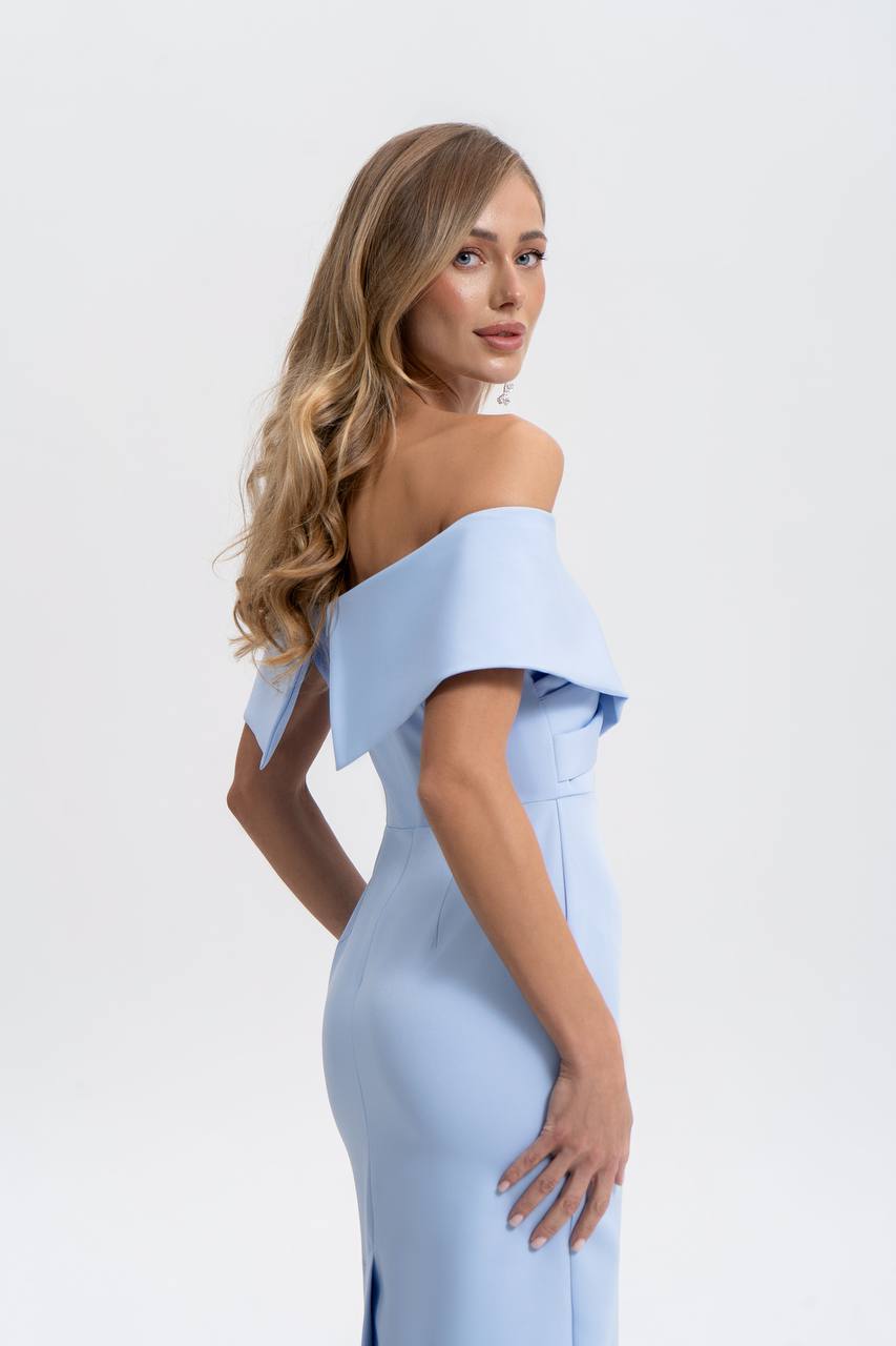 Woman wearing a light blue off-shoulder dress against a white background