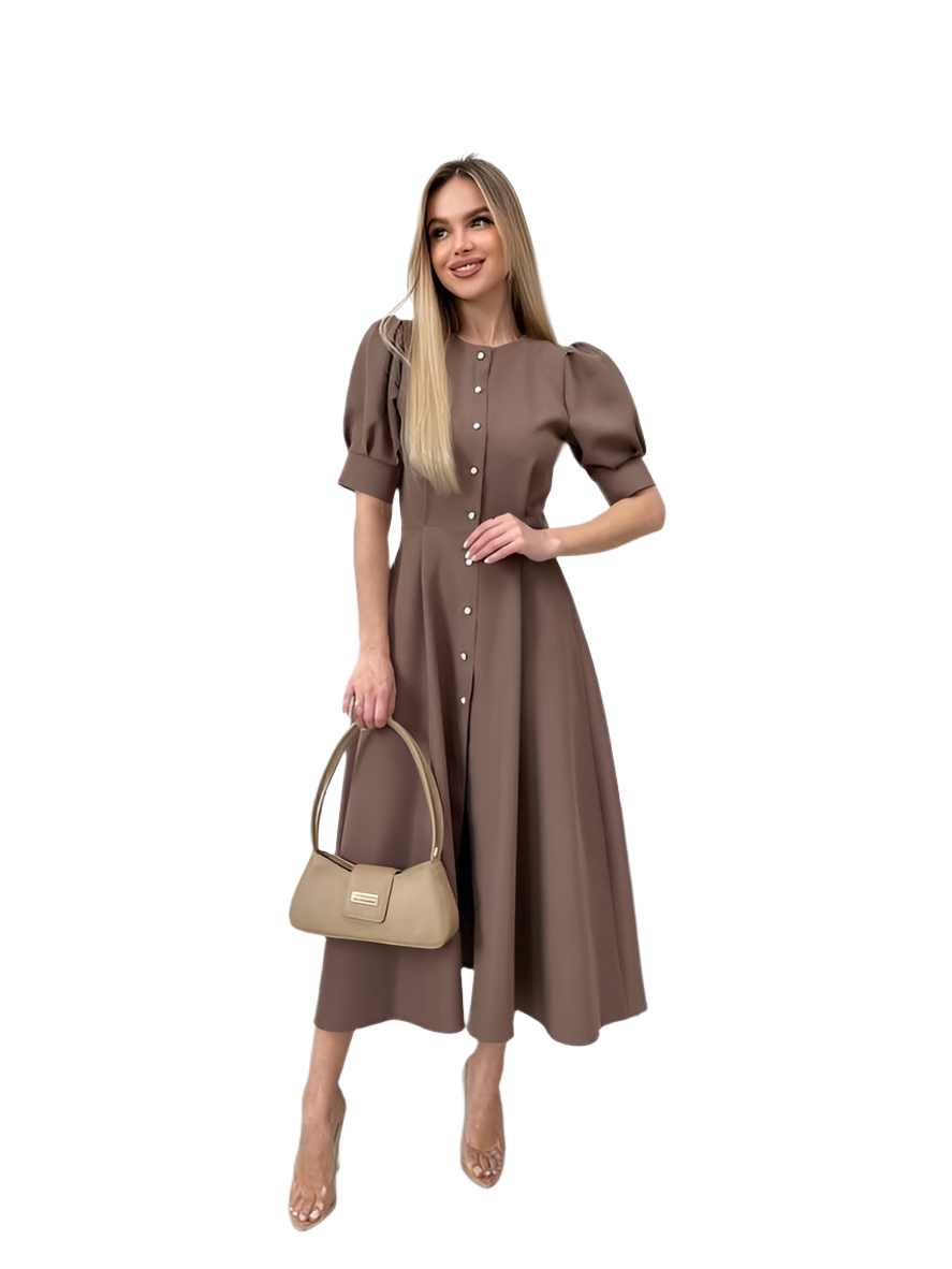 Elegant Brown Midi Dress with Puff Sleeves and Button Detail