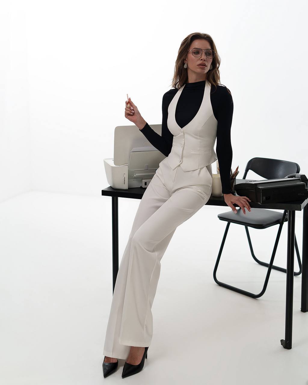Womens Premium Diagonal Suiting Crepe Vest Halter Neck Button Front