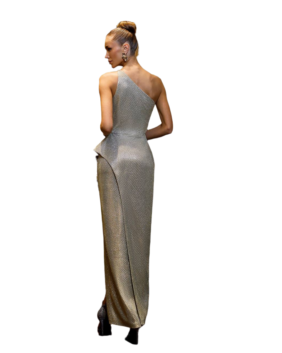 Elegant One Shoulder Midi Dress in Premium Suit Crepe Diagonal Fabric