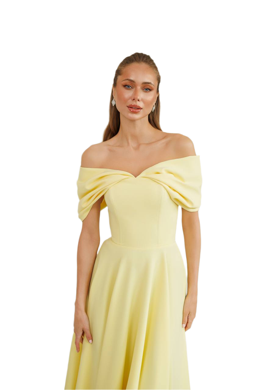 Elegant Off-Shoulder Yellow Diagonal Crepe Dress for Women