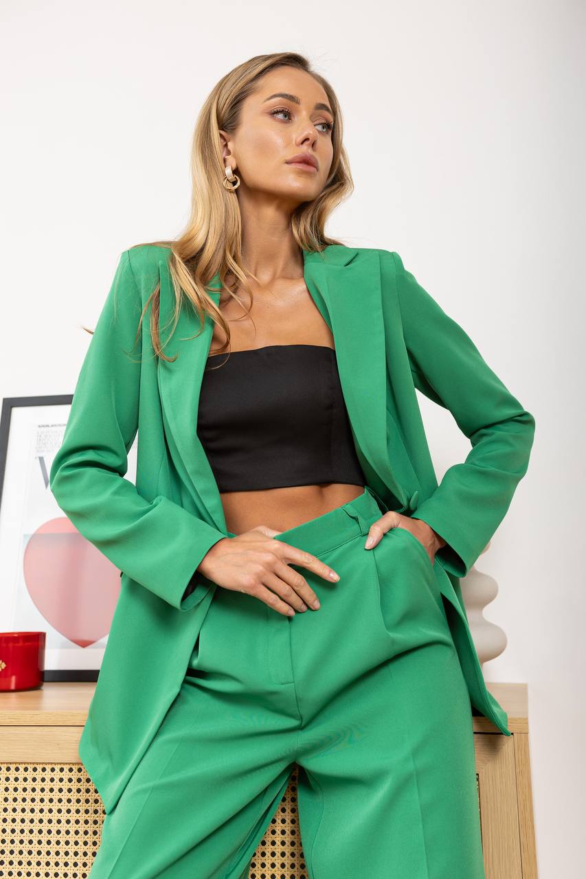 Grass Green Palazzo Suit Diagonal Crepe Womens Wide Leg Two Piece
