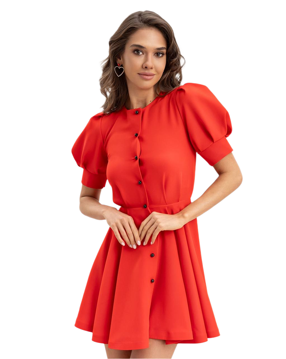 Red Diagonal Crepe Dress with Puff Sleeves and Front Buttons