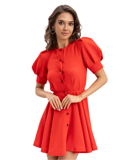 Red Diagonal Crepe Dress with Puff Sleeves and Front Buttons