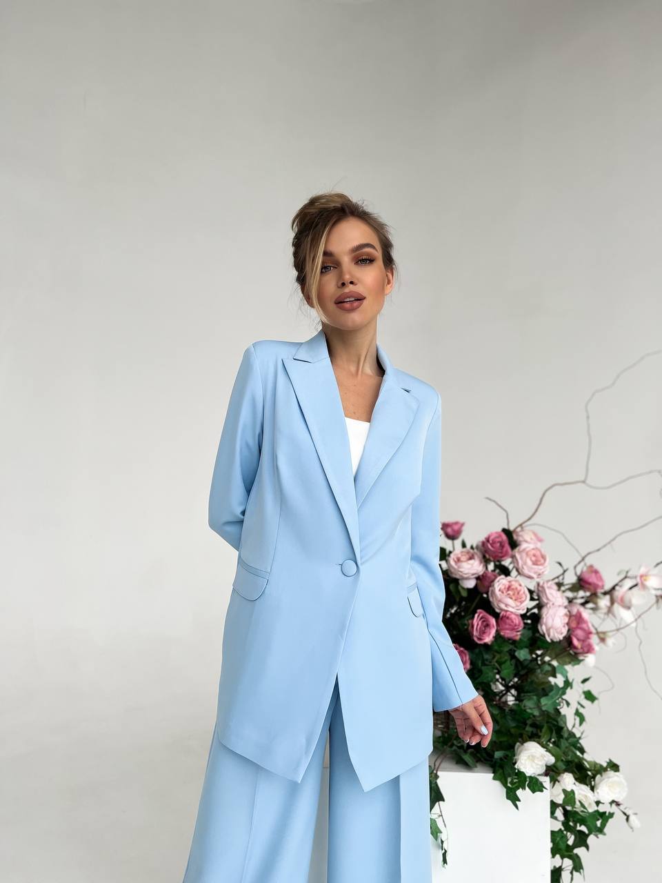 Sky Blue Palazzo Suit Diagonal Crepe Lined Blazer Wide Leg Pants