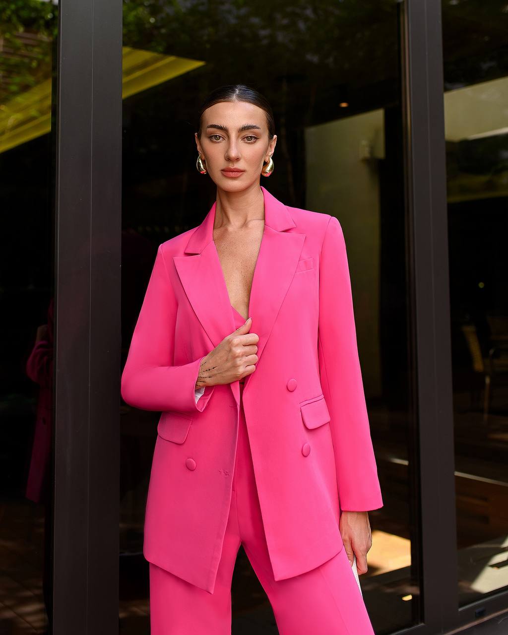 Prom Bridal Wedding Cocktail Graduation Pink Three-Piece Women Suit Jacket Top Trousers Pantsuit Palazzo Pants