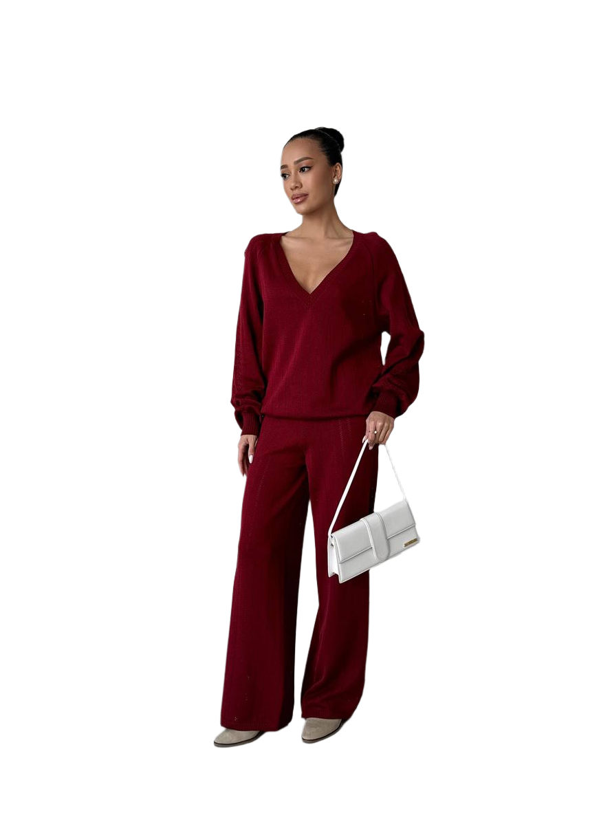 Spring Women's Burgundy Wide-Leg Suit with Drop Sleeve V-Neck Top