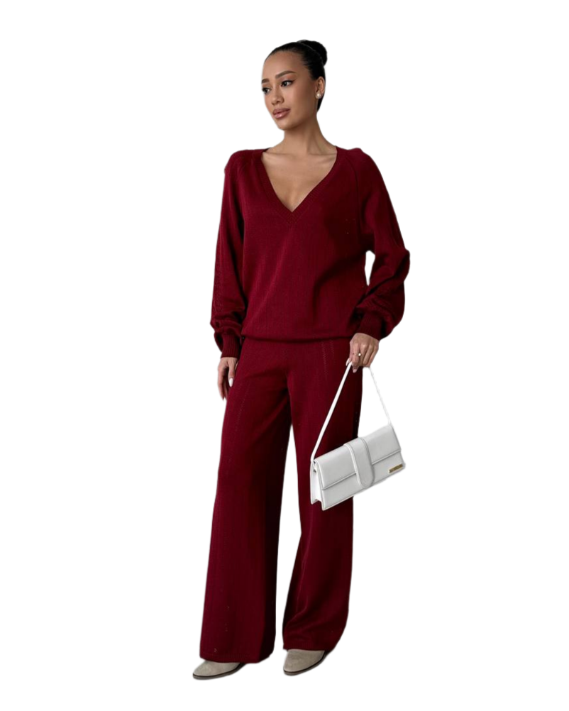 Spring Women's Burgundy Wide-Leg Suit with Drop Sleeve V-Neck Top