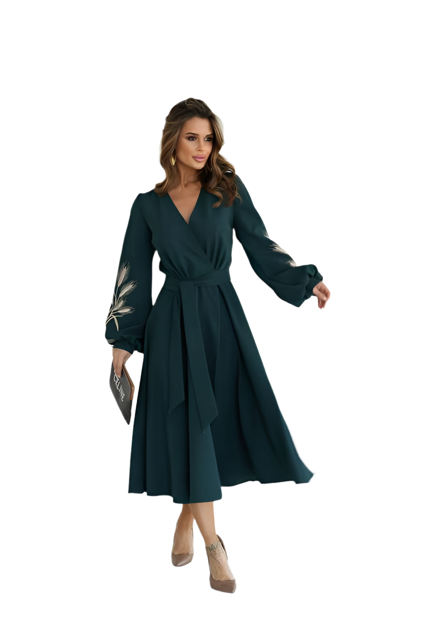 Elegant Dark Green Midi Dress with Embroidered Sleeves