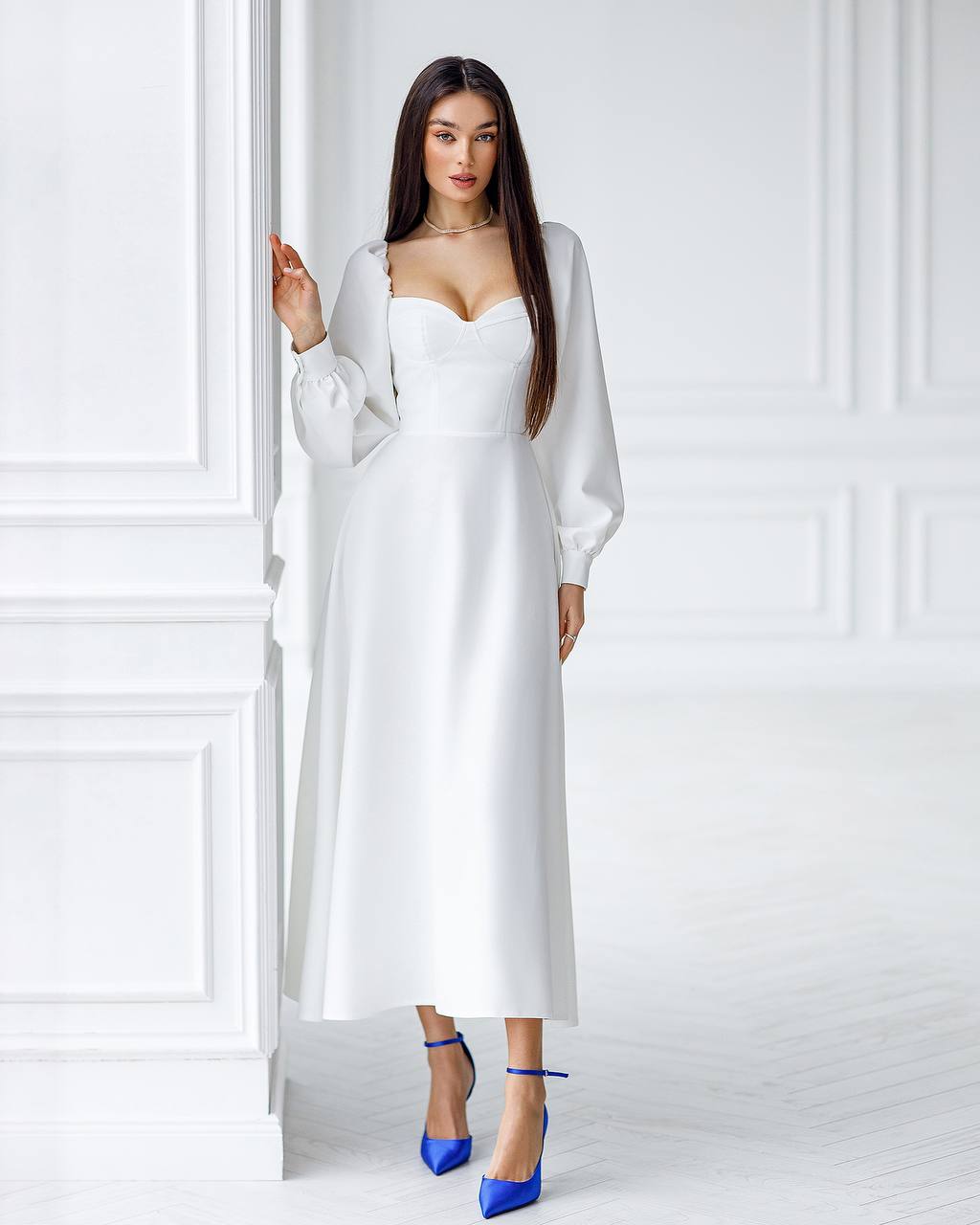 White Midi Dress with Cups and Long Puff Sleeves for Women