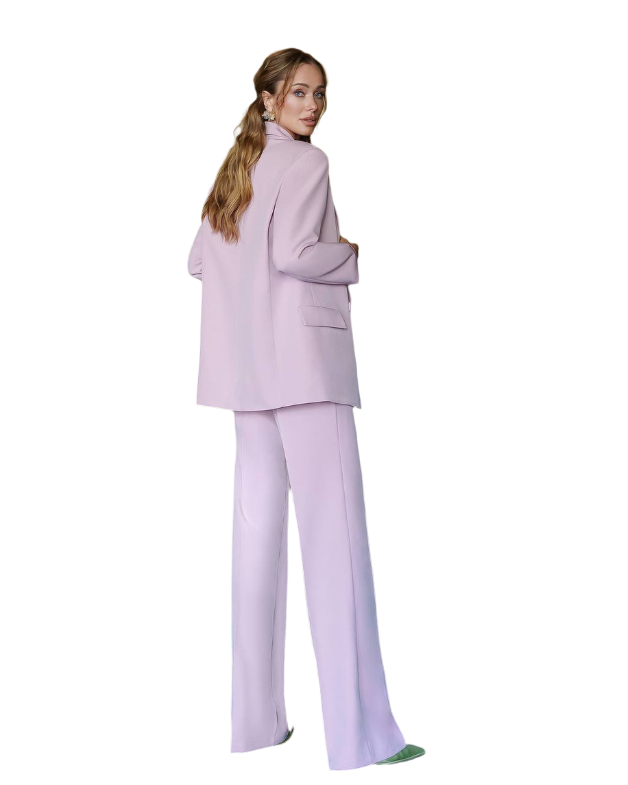 Woman wearing a light purple suit on a white background