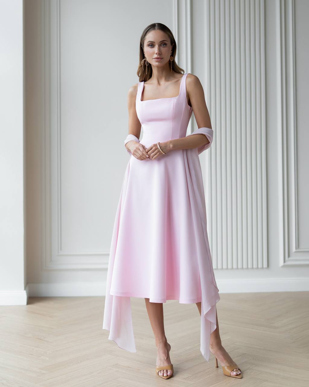Elegant Pink Midi Dress in Premium Crepe Fabric