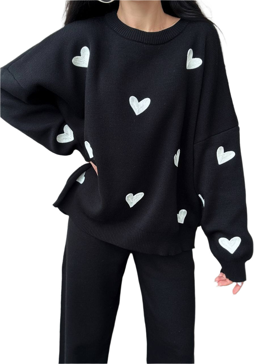 Valeri Women's Black Knit Suit with White Heart Embroidery