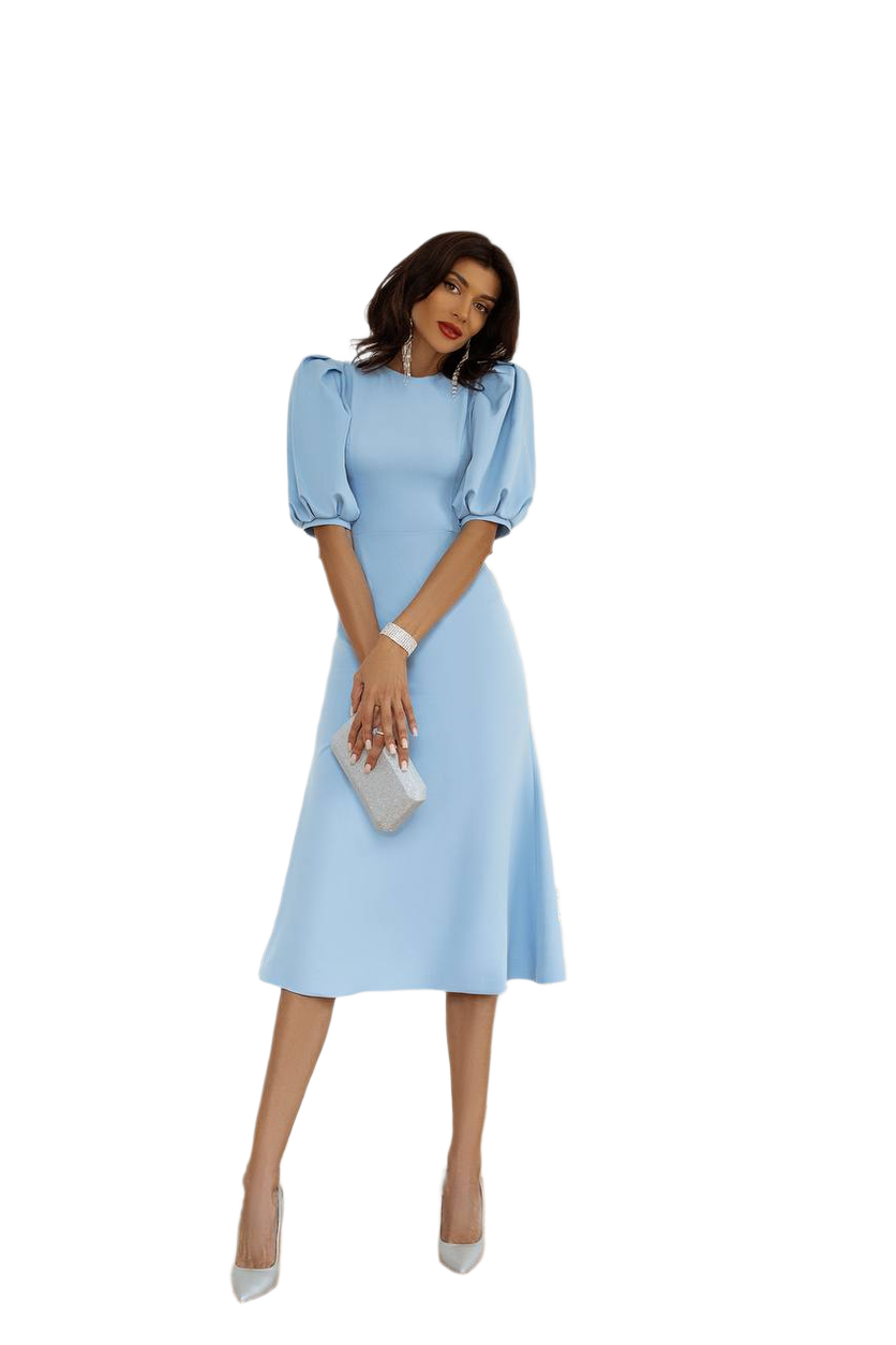Elegant Light Blue Midi Dress with Puff Sleeves