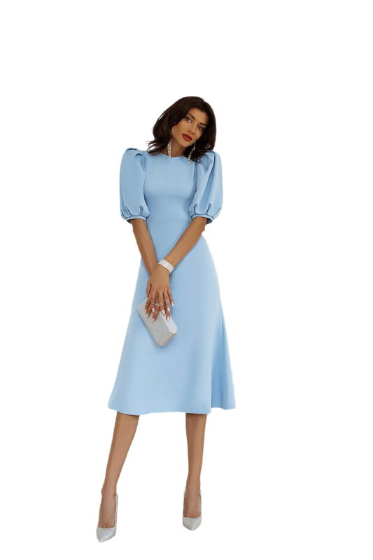 Elegant Light Blue Midi Dress with Puff Sleeves