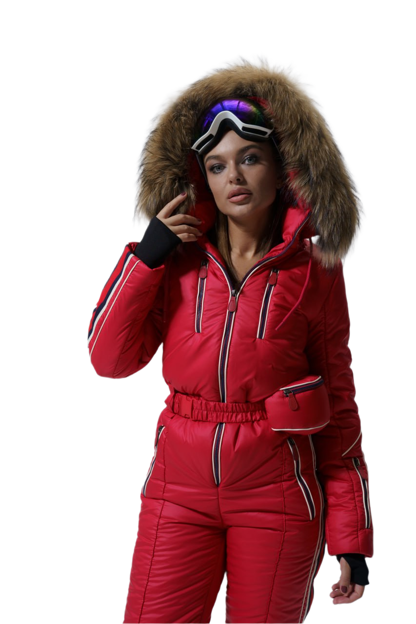 Person wearing a red ski suit with a fur-lined hood on a white background