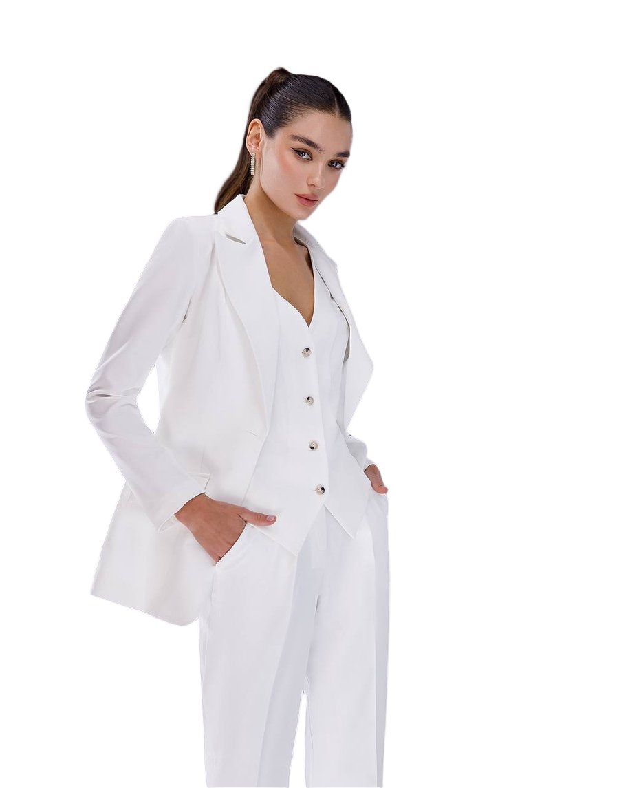 Woman wearing a white suit on a white background