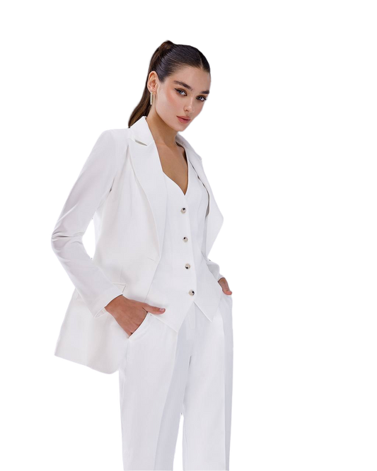 Woman wearing a white suit on a white background