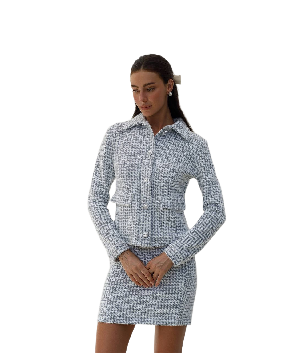 Womens Houndstooth Suit Jacket and Skirt Set in Silver
