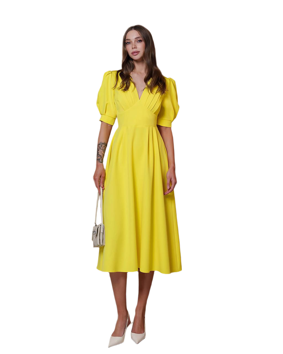 Elegant Yellow Midi Dress Women Premium Crepe Fabric