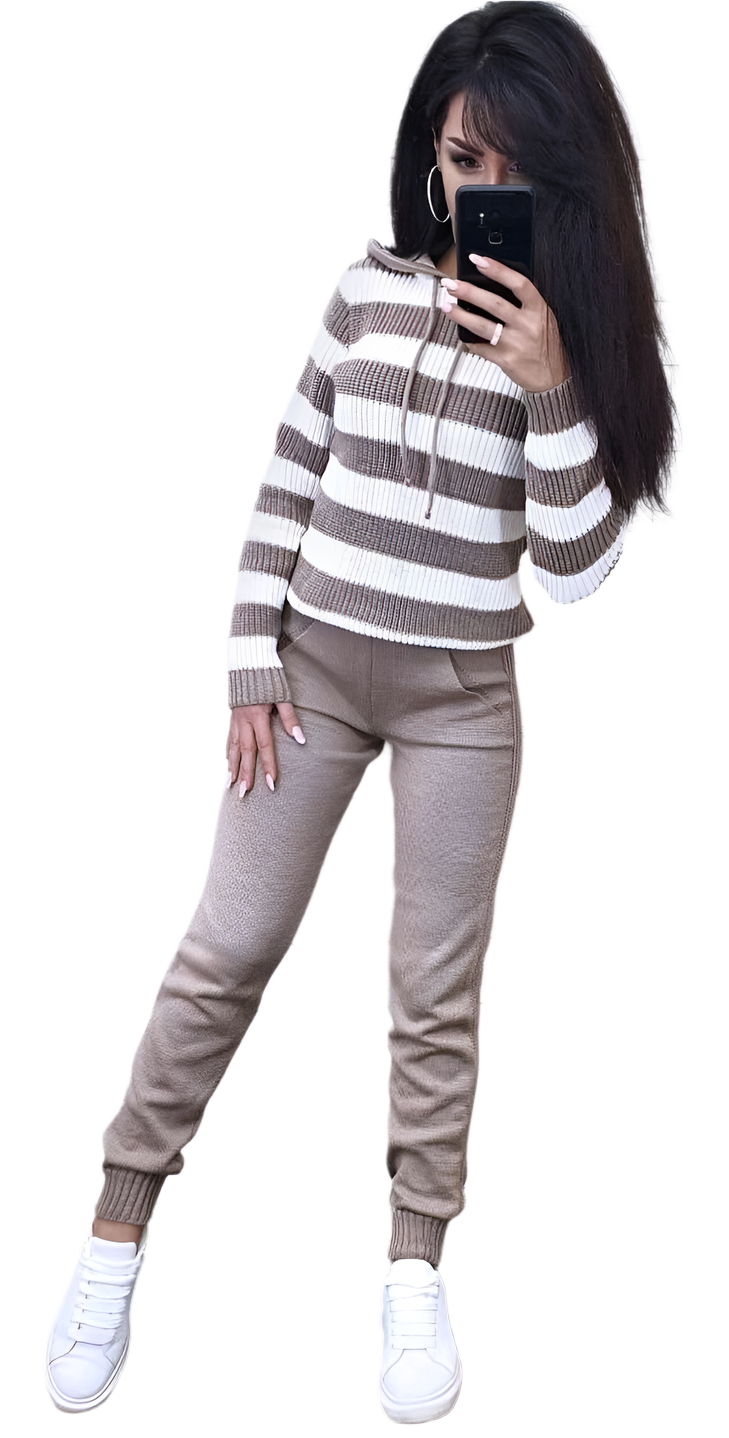 Warm Women Knit Suit with Hoodie and Joggers in Cappuccino and Neutrals