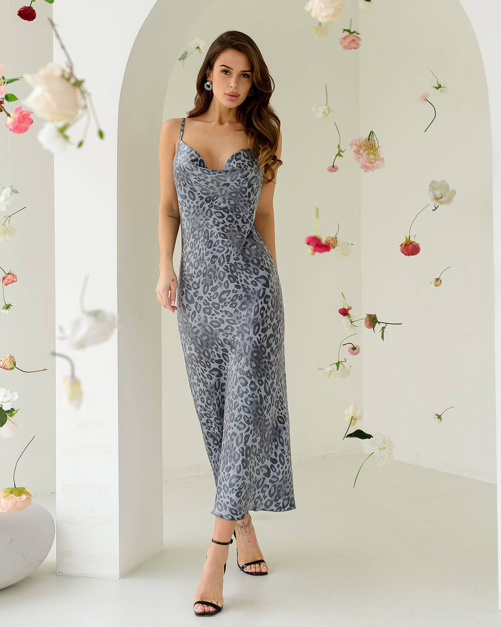 Elegant Satin Viscose Crystal Slip Dress in Leo Gray