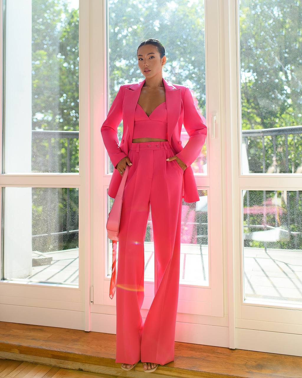 Prom Bridal Wedding Cocktail Graduation Pink Three-Piece Women Suit Jacket Top Trousers Pantsuit Palazzo Pants